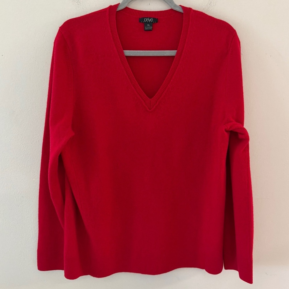 Prive Cashmere Red V-Neck Sweater Womens XL 100% Pure‎ Cashmere Long Sleeve Knit